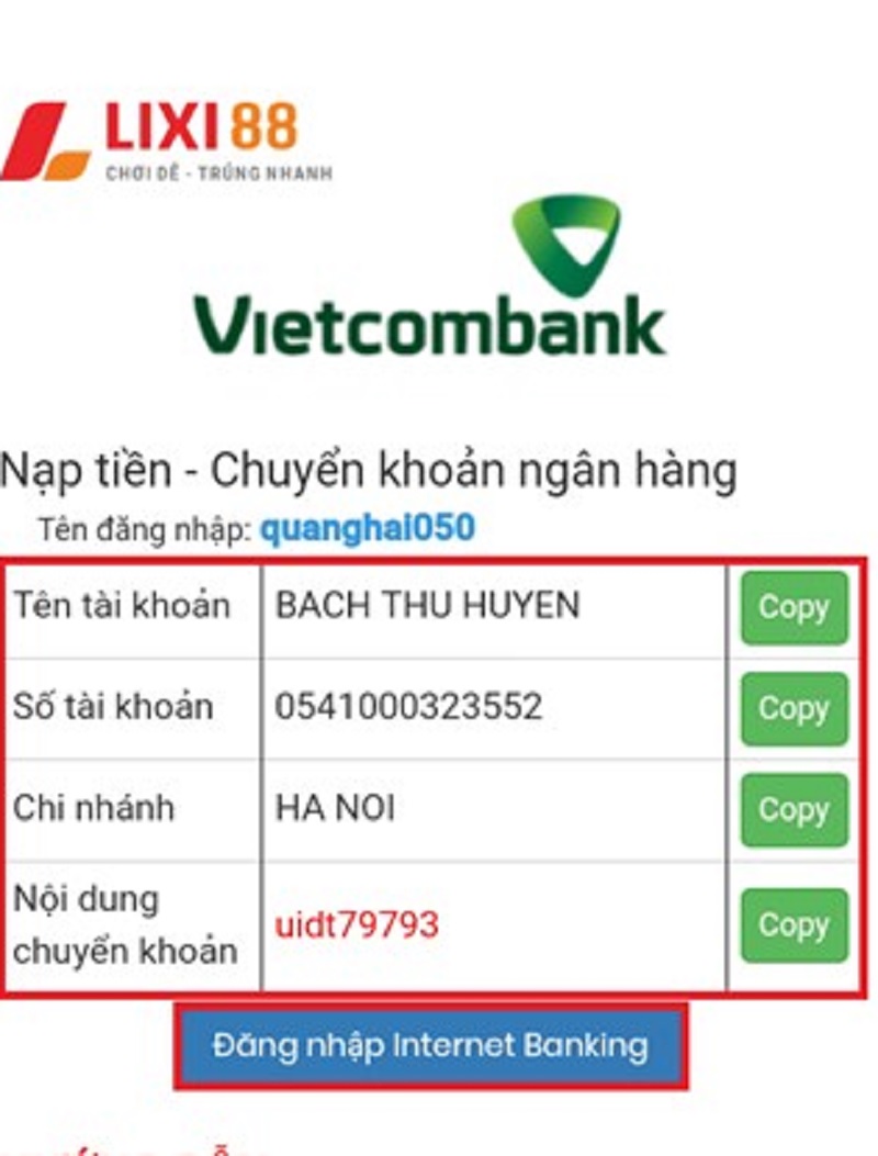 nap tien lixi88 1 - Gửi tiền và rút tiền tại nhà cái Lixi88 bằng cách nào là nhanh nhất?